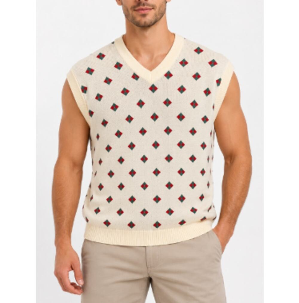 Bogey Boys Men's Banana Cream V-Neck Knit Argyle Golf Sweater Vest Size M
